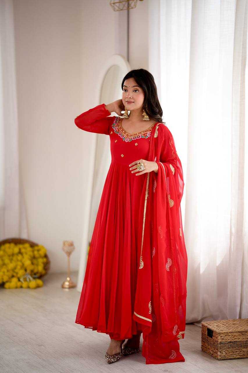 Regal Red Georgette Anarkali Gown with Multicolour Floral Embroidered Neckline, Delicate Butti Work & Sheer Printed Dupatta