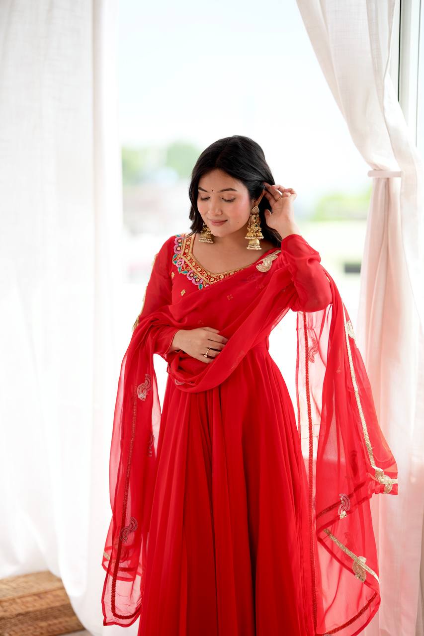 Regal Red Georgette Anarkali Gown with Multicolour Floral Embroidered Neckline, Delicate Butti Work & Sheer Printed Dupatta