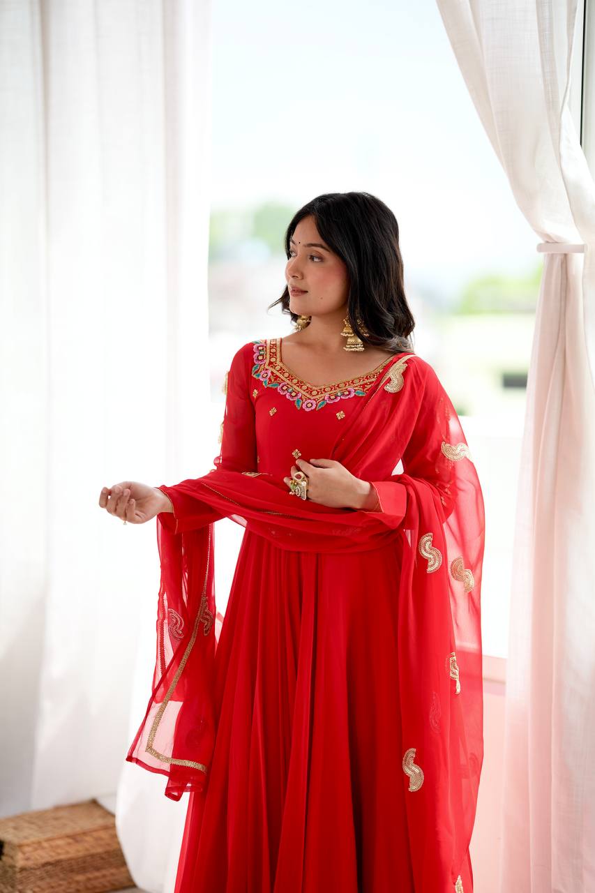 Regal Red Georgette Anarkali Gown with Multicolour Floral Embroidered Neckline, Delicate Butti Work & Sheer Printed Dupatta