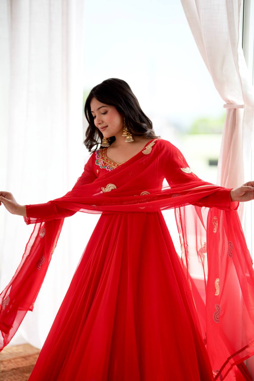 Regal Red Georgette Anarkali Gown with Multicolour Floral Embroidered Neckline, Delicate Butti Work & Sheer Printed Dupatta