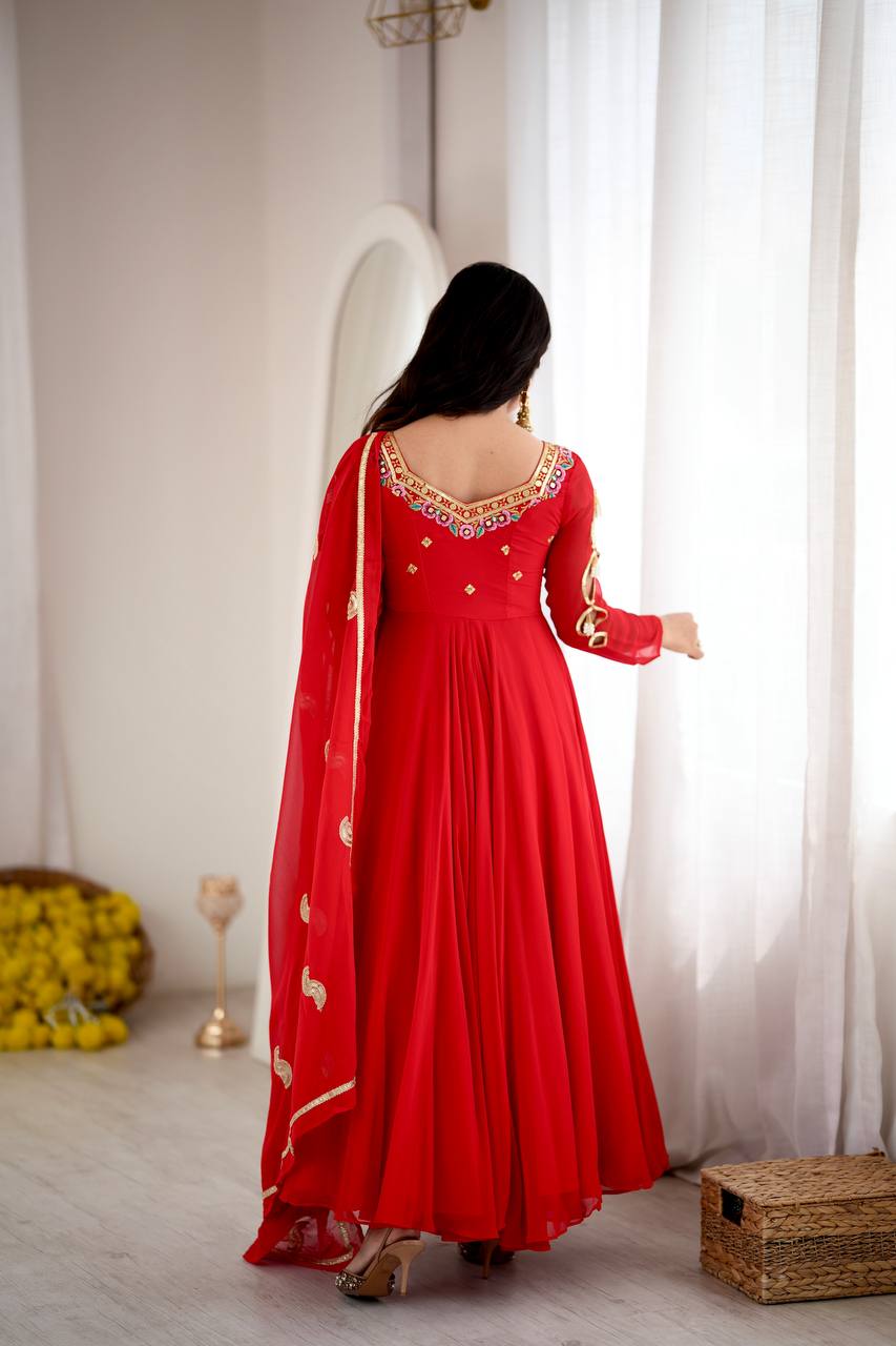 Regal Red Georgette Anarkali Gown with Multicolour Floral Embroidered Neckline, Delicate Butti Work & Sheer Printed Dupatta