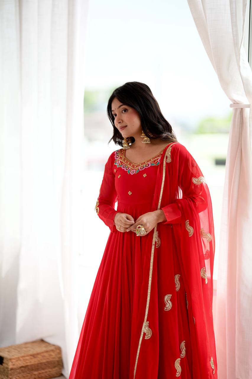 Regal Red Georgette Anarkali Gown with Multicolour Floral Embroidered Neckline, Delicate Butti Work & Sheer Printed Dupatta