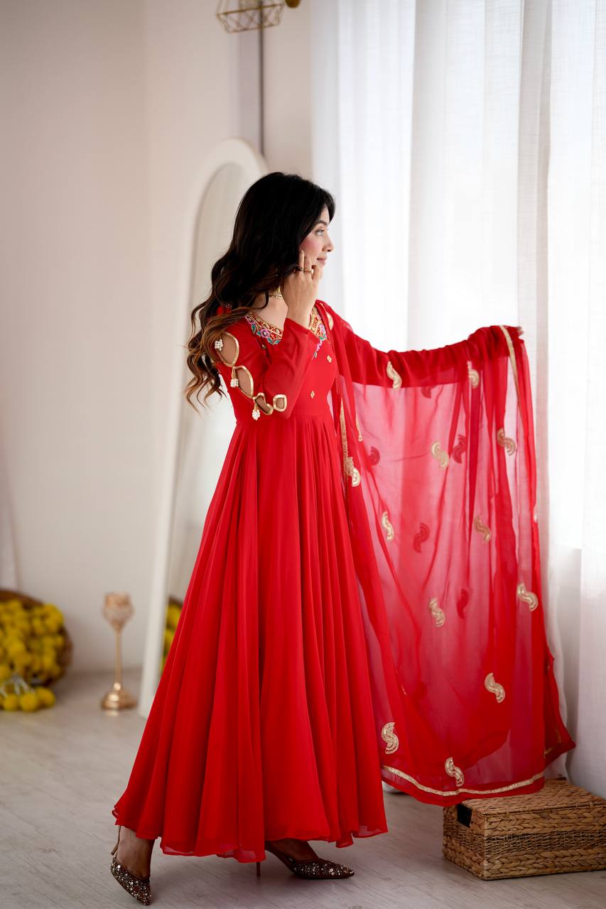 Regal Red Georgette Anarkali Gown with Multicolour Floral Embroidered Neckline, Delicate Butti Work & Sheer Printed Dupatta