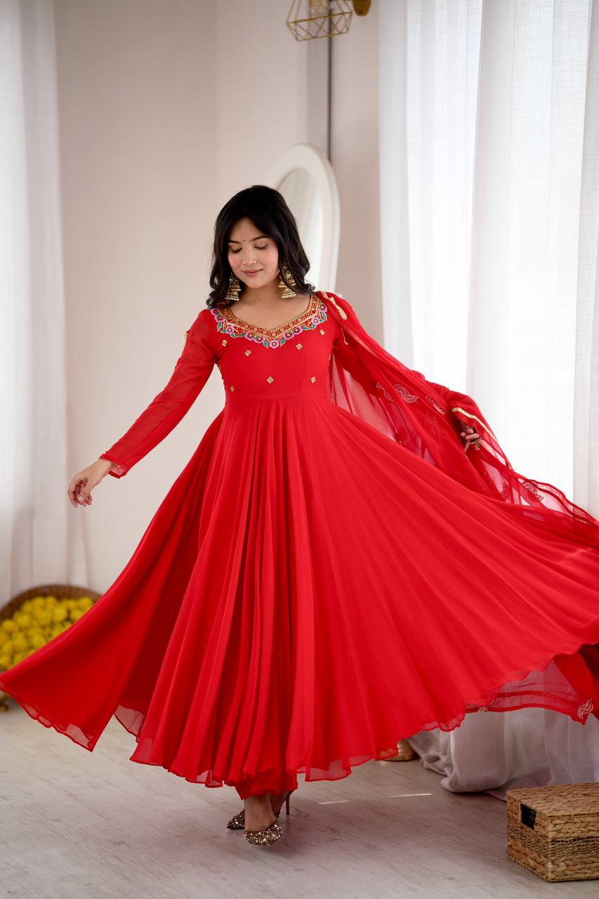 Regal Red Georgette Anarkali Gown with Multicolour Floral Embroidered Neckline, Delicate Butti Work & Sheer Printed Dupatta