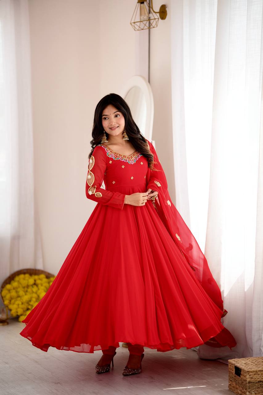 Regal Red Georgette Anarkali Gown with Multicolour Floral Embroidered Neckline, Delicate Butti Work & Sheer Printed Dupatta