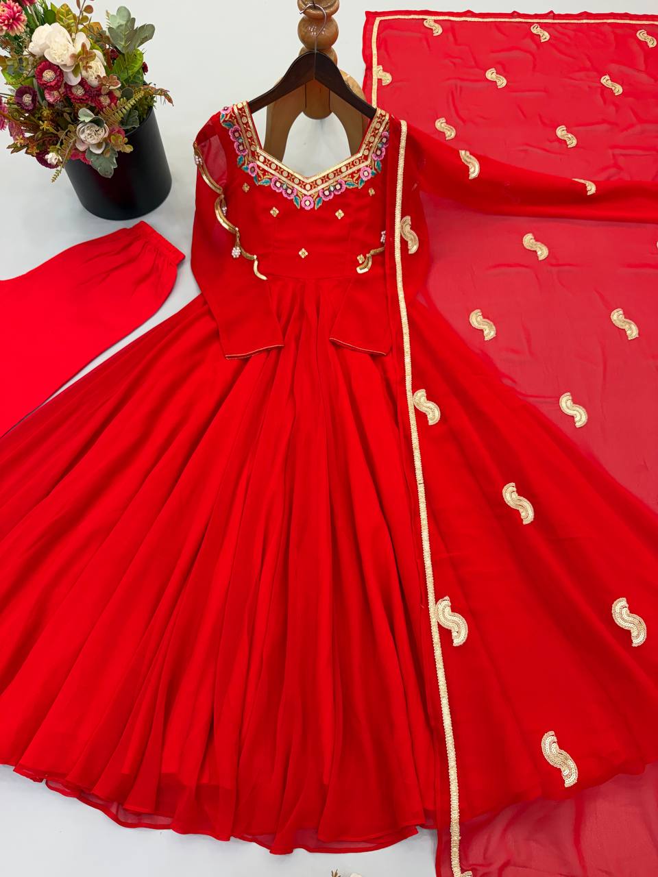 Regal Red Georgette Anarkali Gown with Multicolour Floral Embroidered Neckline, Delicate Butti Work & Sheer Printed Dupatta