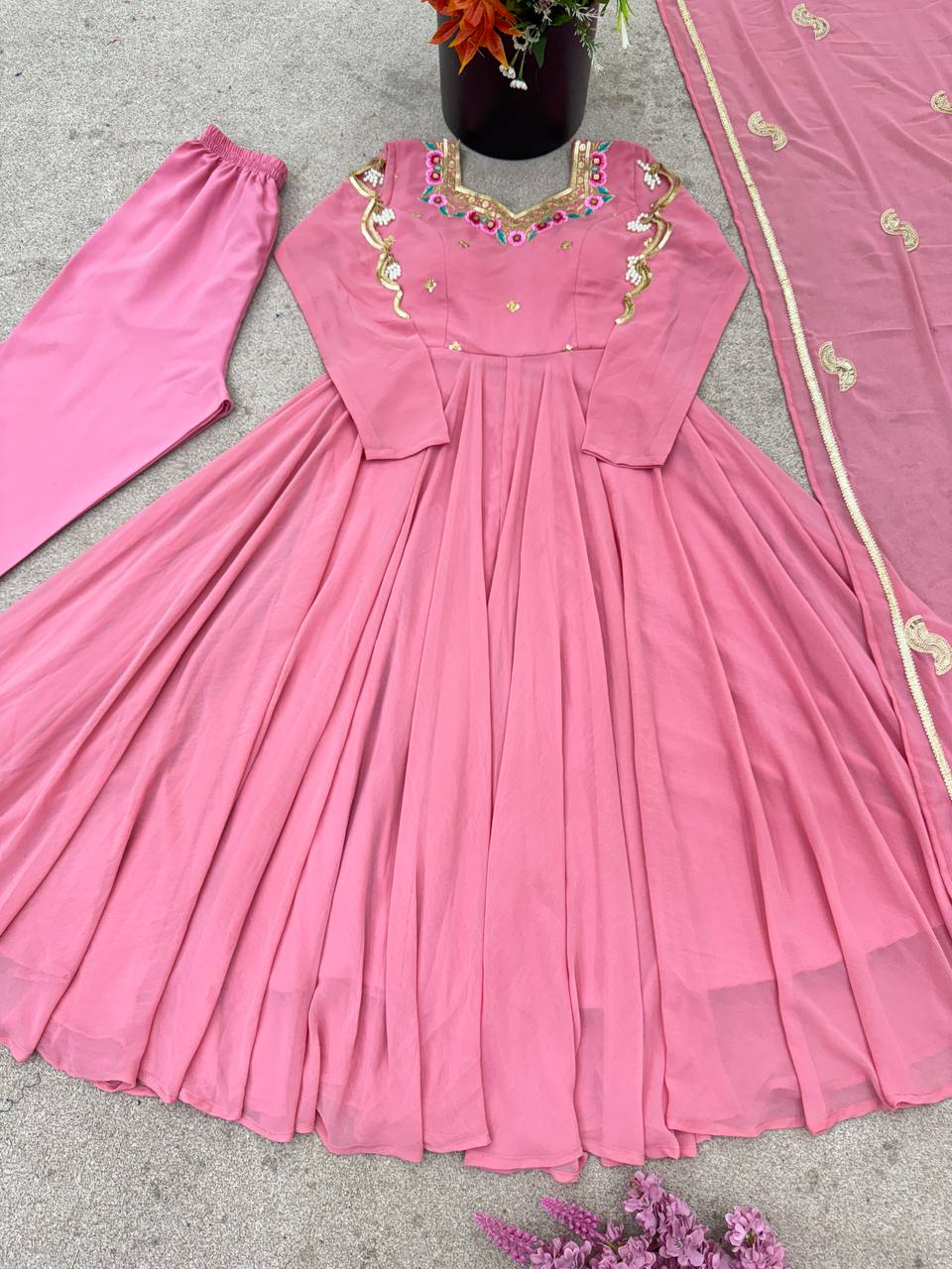 Blush Pink Georgette Anarkali Gown with Multicolour Embroidered Neckline, Delicate Butti Detailing & Sheer Printed Dupatta