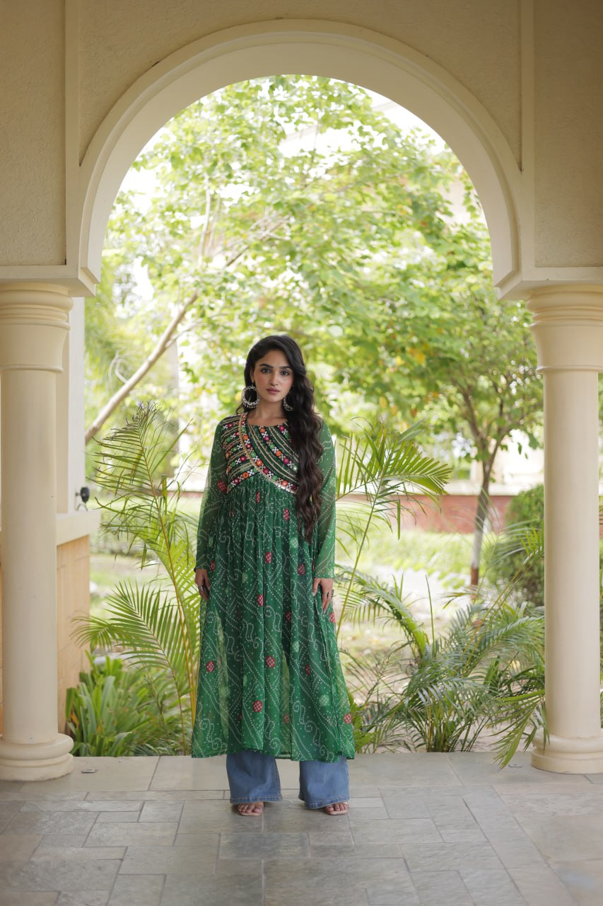 Emerald Green Bandhani Printed Anarkali Kurta with Intricate Multicolour Mirror Work Yoke, Traditional Detailing & Graceful Flared Silhouette
