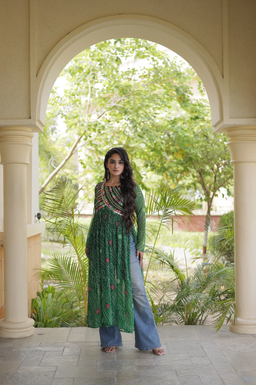Emerald Green Bandhani Printed Anarkali Kurta with Intricate Multicolour Mirror Work Yoke, Traditional Detailing & Graceful Flared Silhouette