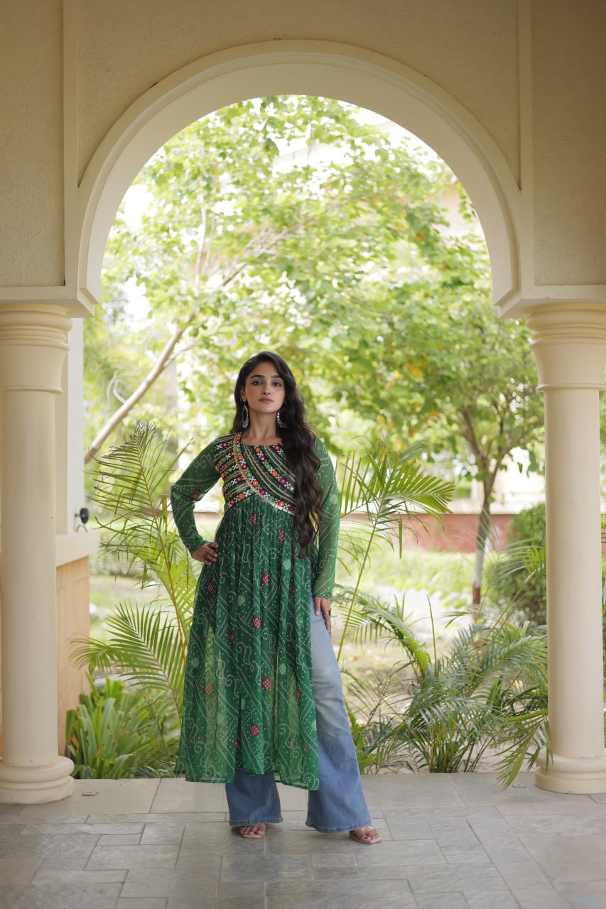 Emerald Green Bandhani Printed Anarkali Kurta with Intricate Multicolour Mirror Work Yoke, Traditional Detailing & Graceful Flared Silhouette