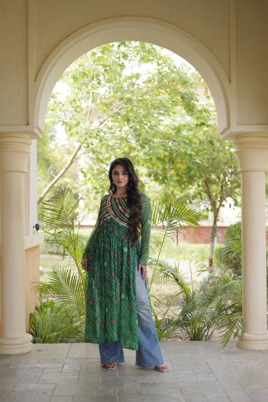 Emerald Green Bandhani Printed Anarkali Kurta with Intricate Multicolour Mirror Work Yoke, Traditional Detailing & Graceful Flared Silhouette