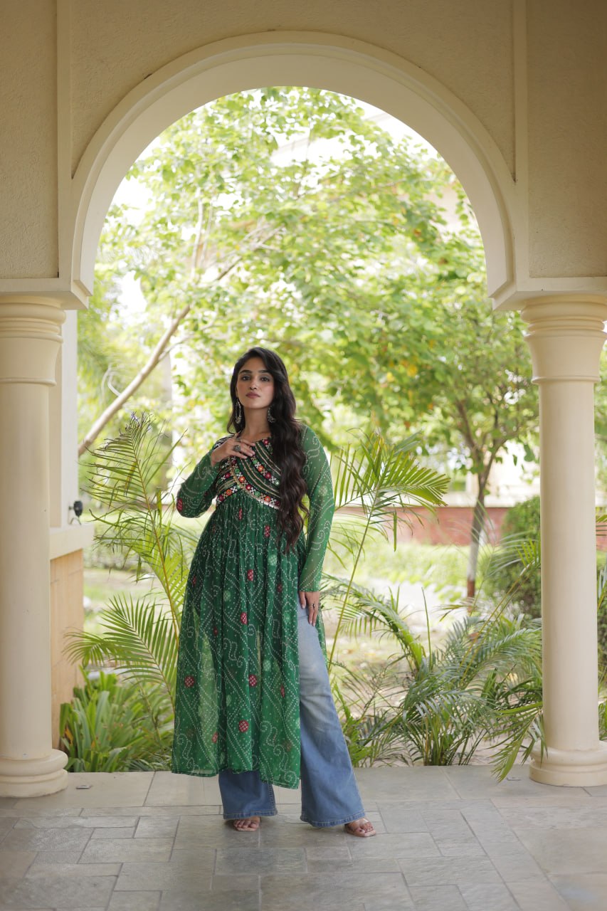 Emerald Green Bandhani Printed Anarkali Kurta with Intricate Multicolour Mirror Work Yoke, Traditional Detailing & Graceful Flared Silhouette