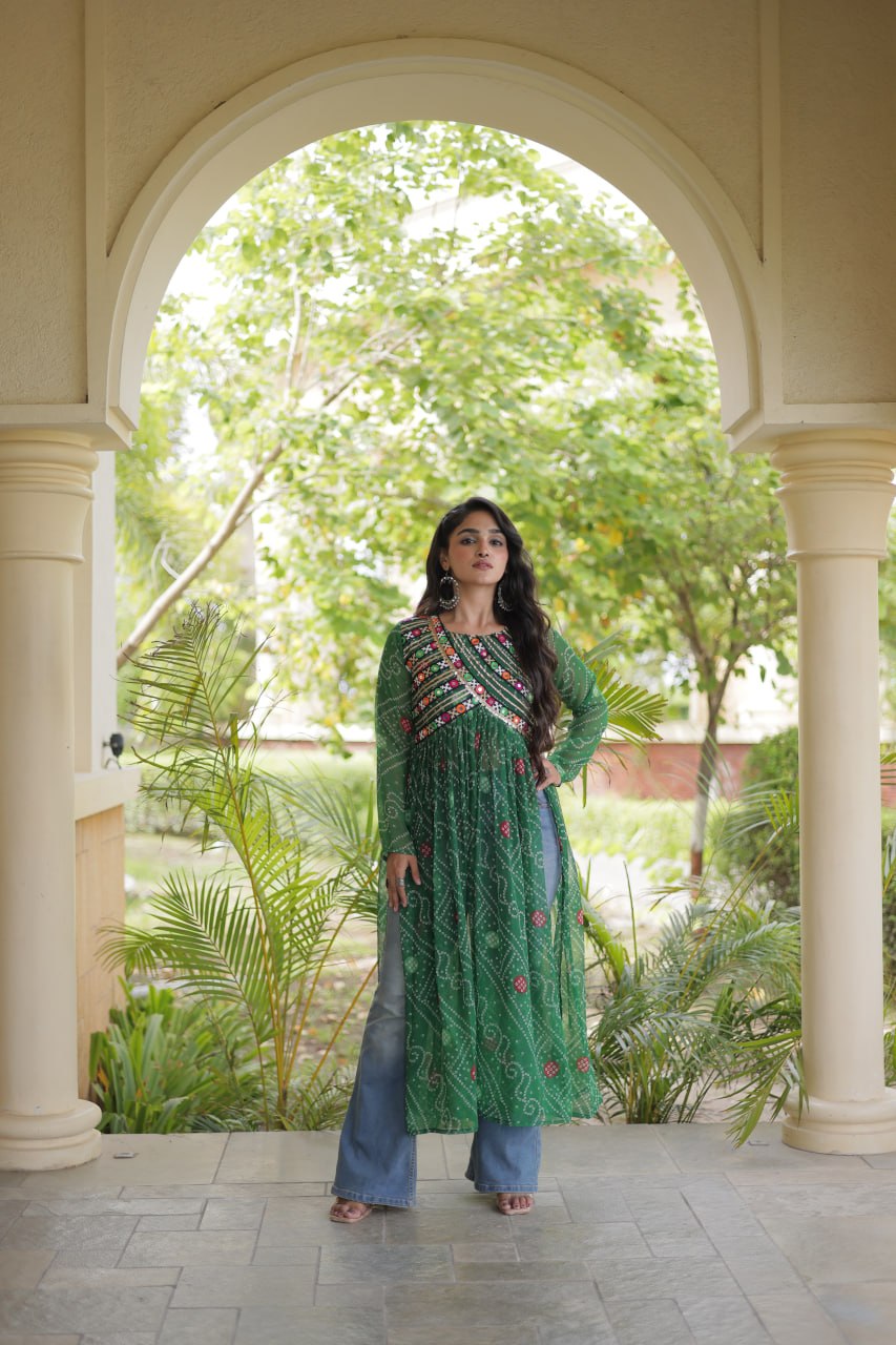 Emerald Green Bandhani Printed Anarkali Kurta with Intricate Multicolour Mirror Work Yoke, Traditional Detailing & Graceful Flared Silhouette