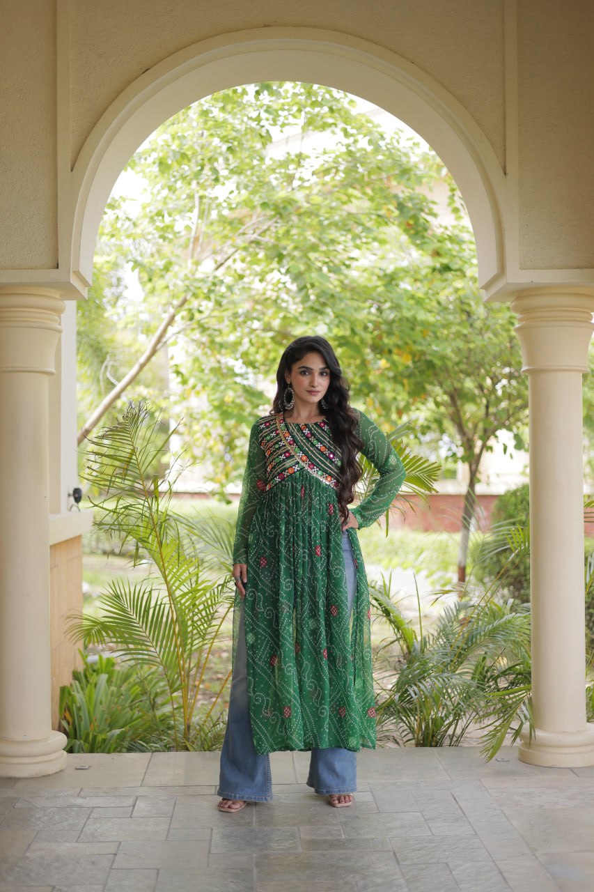 Emerald Green Bandhani Printed Anarkali Kurta with Intricate Multicolour Mirror Work Yoke, Traditional Detailing & Graceful Flared Silhouette