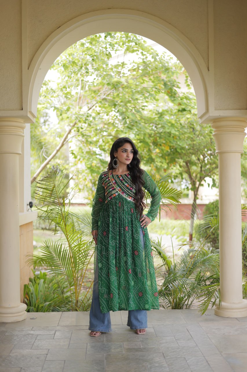 Emerald Green Bandhani Printed Anarkali Kurta with Intricate Multicolour Mirror Work Yoke, Traditional Detailing & Graceful Flared Silhouette