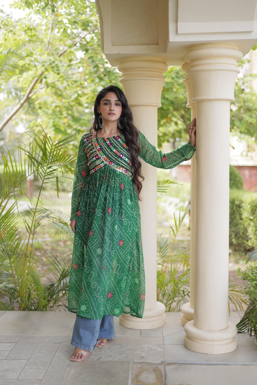 Emerald Green Bandhani Printed Anarkali Kurta with Intricate Multicolour Mirror Work Yoke, Traditional Detailing & Graceful Flared Silhouette