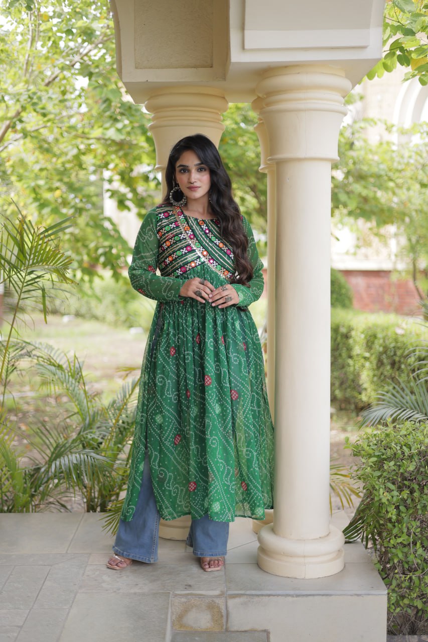 Emerald Green Bandhani Printed Anarkali Kurta with Intricate Multicolour Mirror Work Yoke, Traditional Detailing & Graceful Flared Silhouette