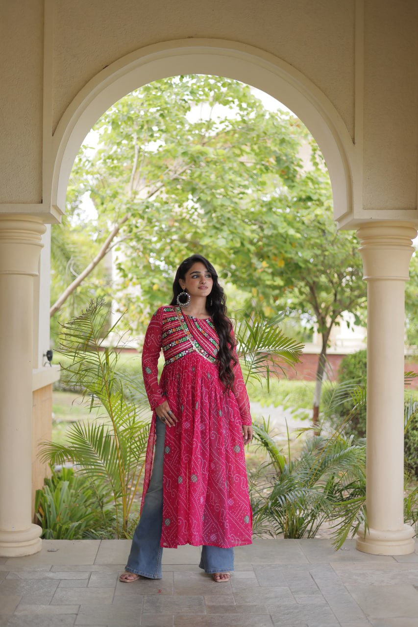 Rani Pink Bandhani Printed Anarkali Kurta with Intricate Multicolour Embroidered Yoke, Mirror Detailing & Graceful Flared Silhouette