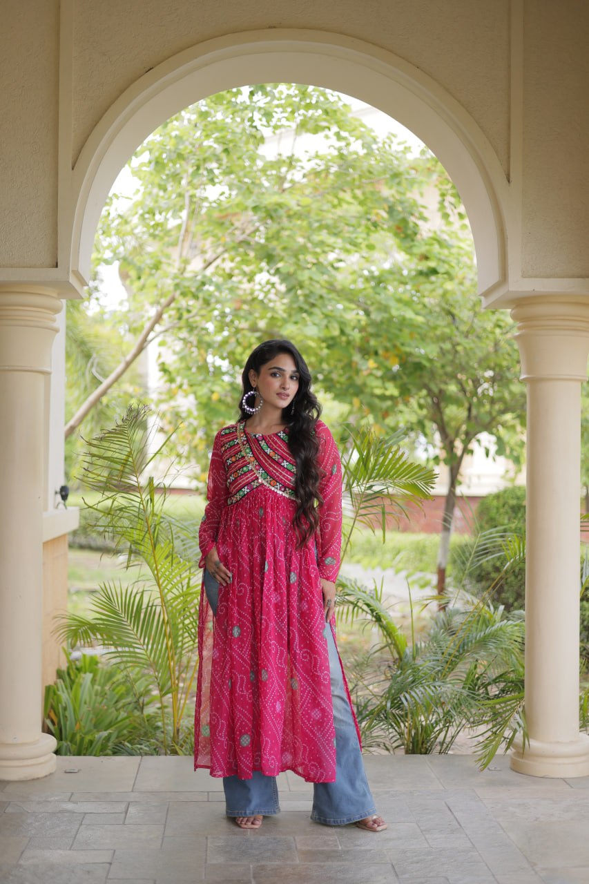 Rani Pink Bandhani Printed Anarkali Kurta with Intricate Multicolour Embroidered Yoke, Mirror Detailing & Graceful Flared Silhouette