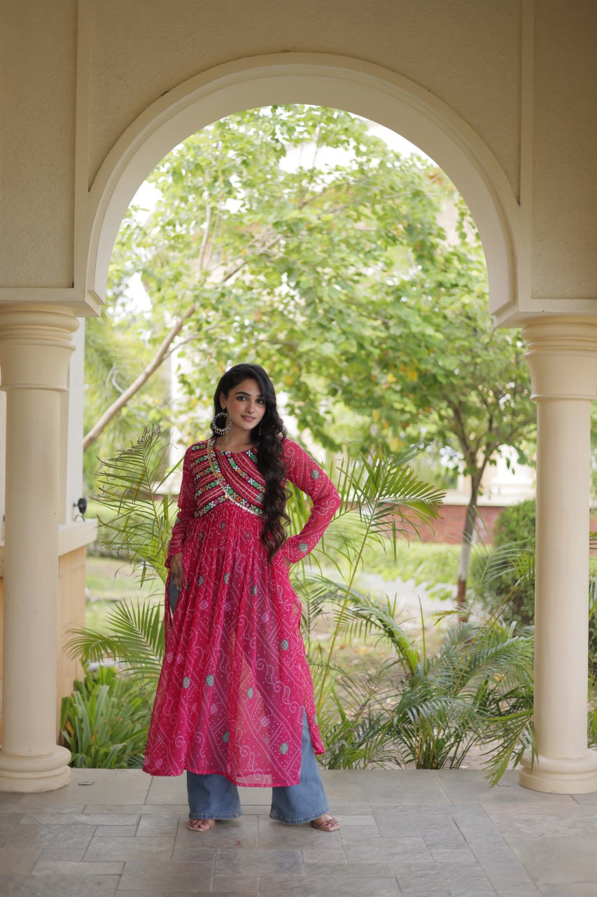Rani Pink Bandhani Printed Anarkali Kurta with Intricate Multicolour Embroidered Yoke, Mirror Detailing & Graceful Flared Silhouette
