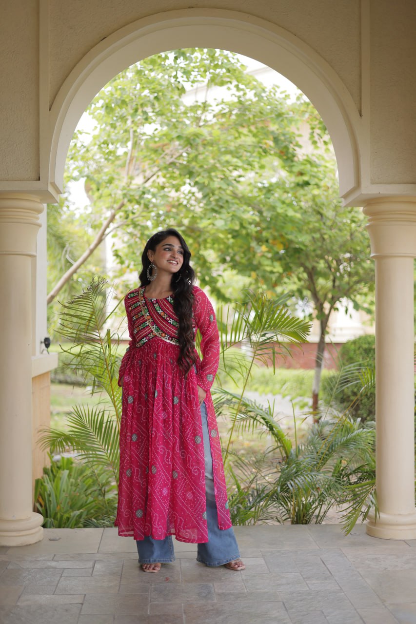 Rani Pink Bandhani Printed Anarkali Kurta with Intricate Multicolour Embroidered Yoke, Mirror Detailing & Graceful Flared Silhouette