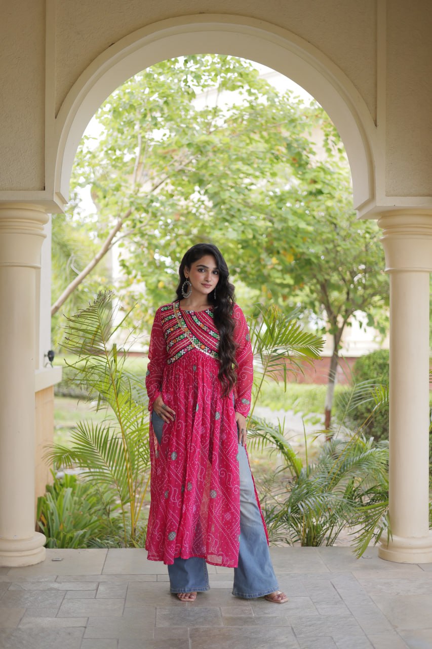 Rani Pink Bandhani Printed Anarkali Kurta with Intricate Multicolour Embroidered Yoke, Mirror Detailing & Graceful Flared Silhouette