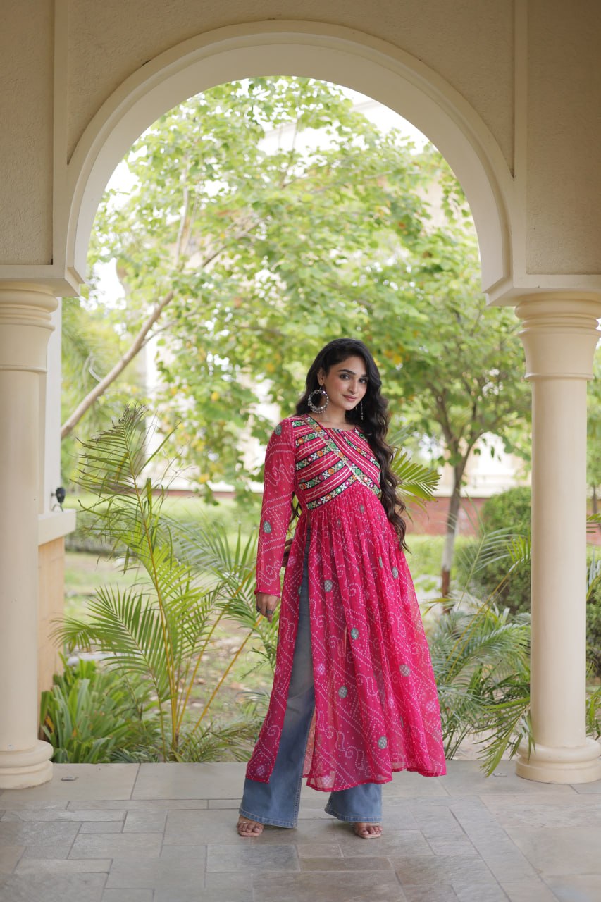 Rani Pink Bandhani Printed Anarkali Kurta with Intricate Multicolour Embroidered Yoke, Mirror Detailing & Graceful Flared Silhouette