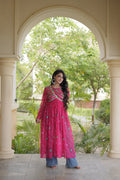 Rani Pink Bandhani Printed Anarkali Kurta with Intricate Multicolour Embroidered Yoke, Mirror Detailing & Graceful Flared Silhouette