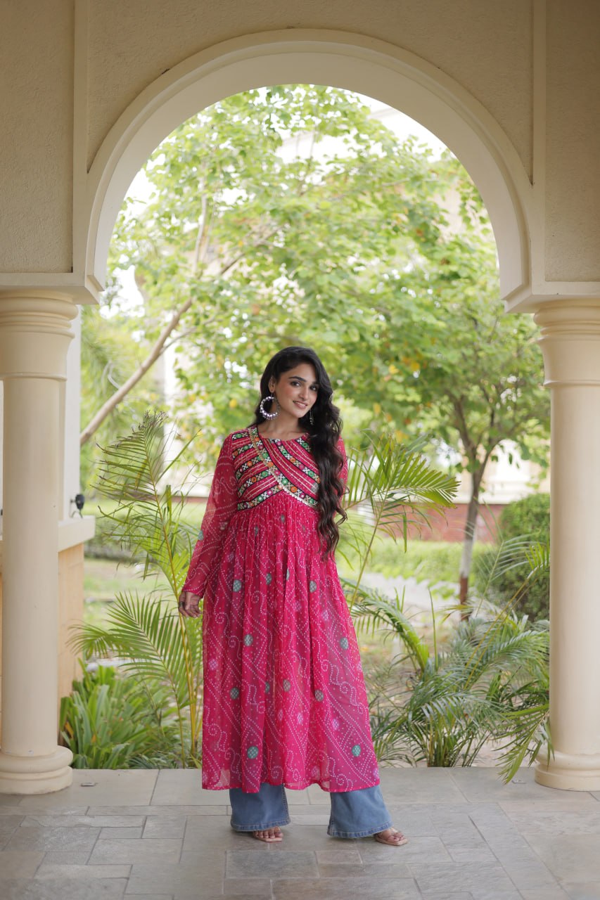 Rani Pink Bandhani Printed Anarkali Kurta with Intricate Multicolour Embroidered Yoke, Mirror Detailing & Graceful Flared Silhouette