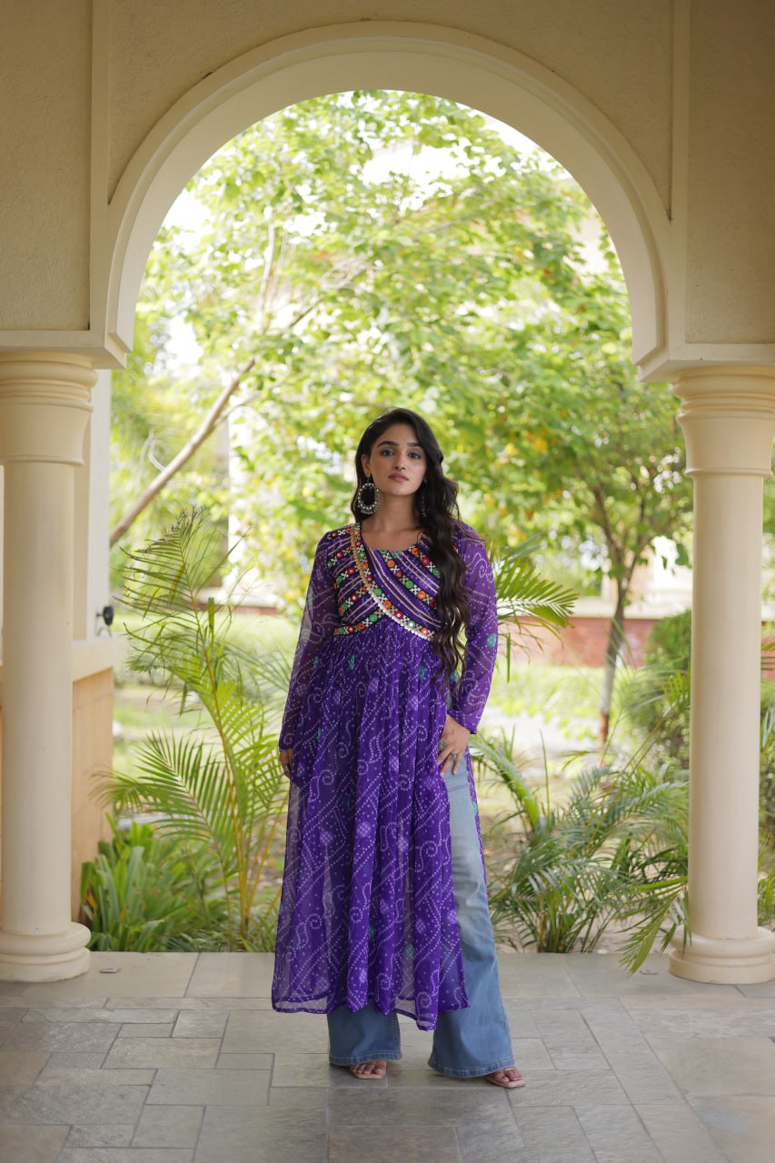Royal Purple Bandhani Printed Anarkali Kurta with Intricate Multicolour Mirror Work Yoke & Graceful Flared Silhouette