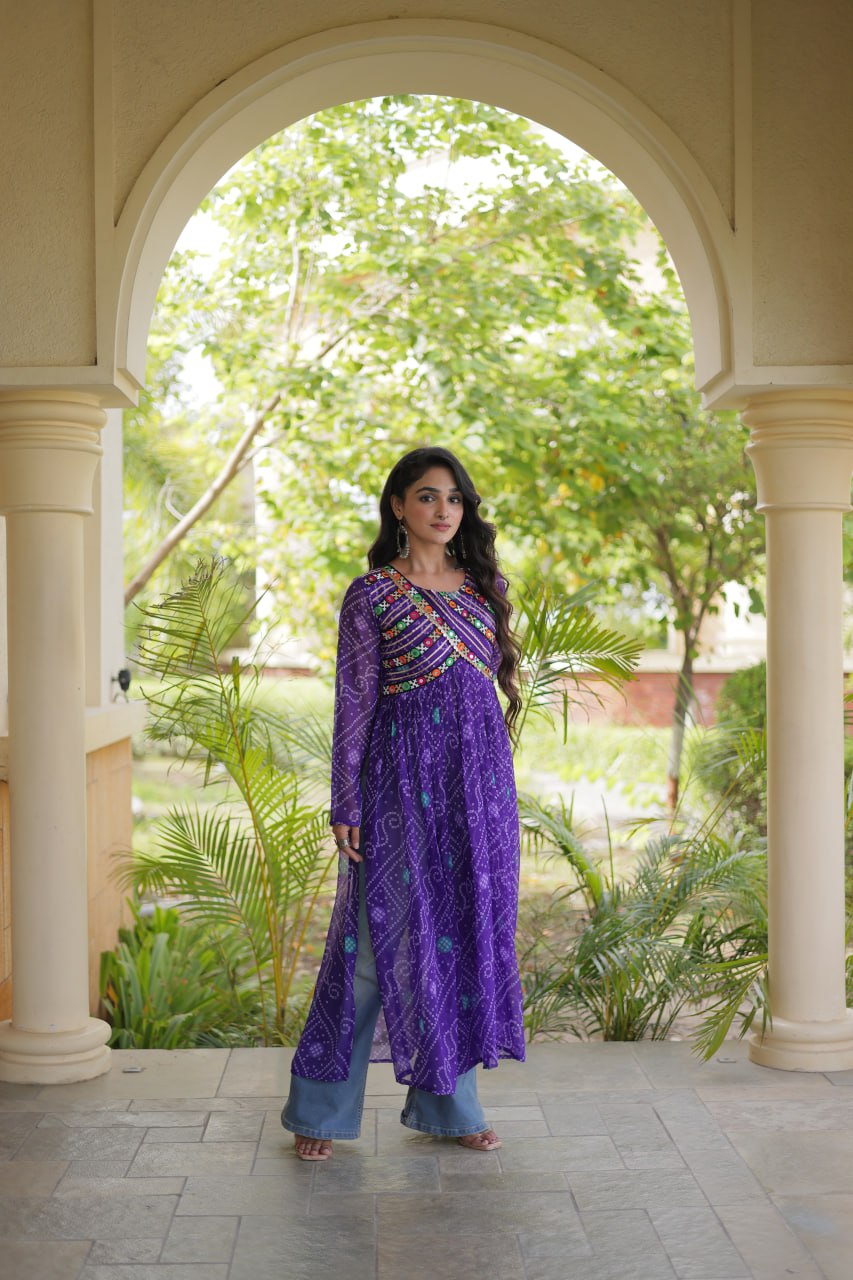 Royal Purple Bandhani Printed Anarkali Kurta with Intricate Multicolour Mirror Work Yoke & Graceful Flared Silhouette