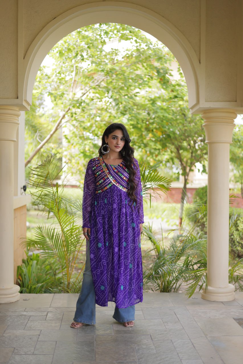 Royal Purple Bandhani Printed Anarkali Kurta with Intricate Multicolour Mirror Work Yoke & Graceful Flared Silhouette