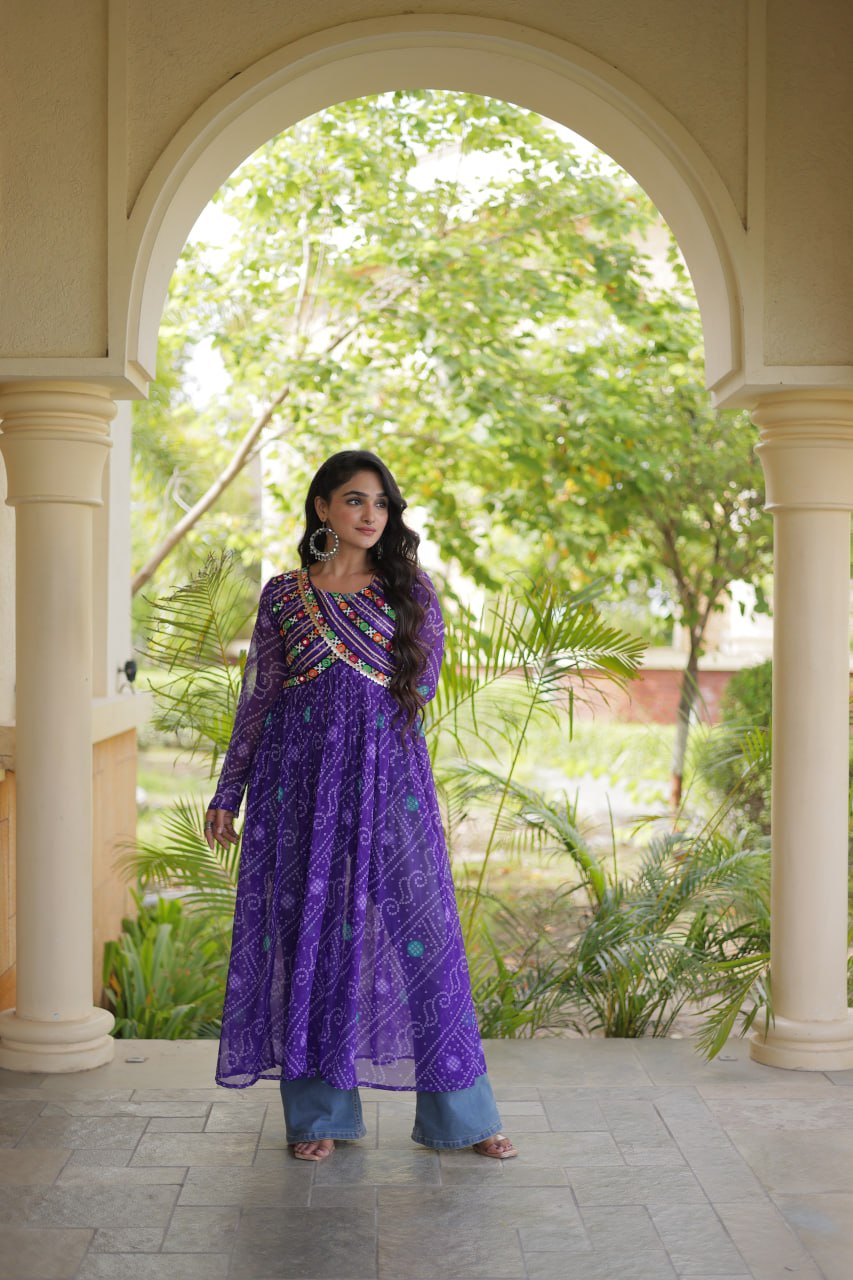 Royal Purple Bandhani Printed Anarkali Kurta with Intricate Multicolour Mirror Work Yoke & Graceful Flared Silhouette