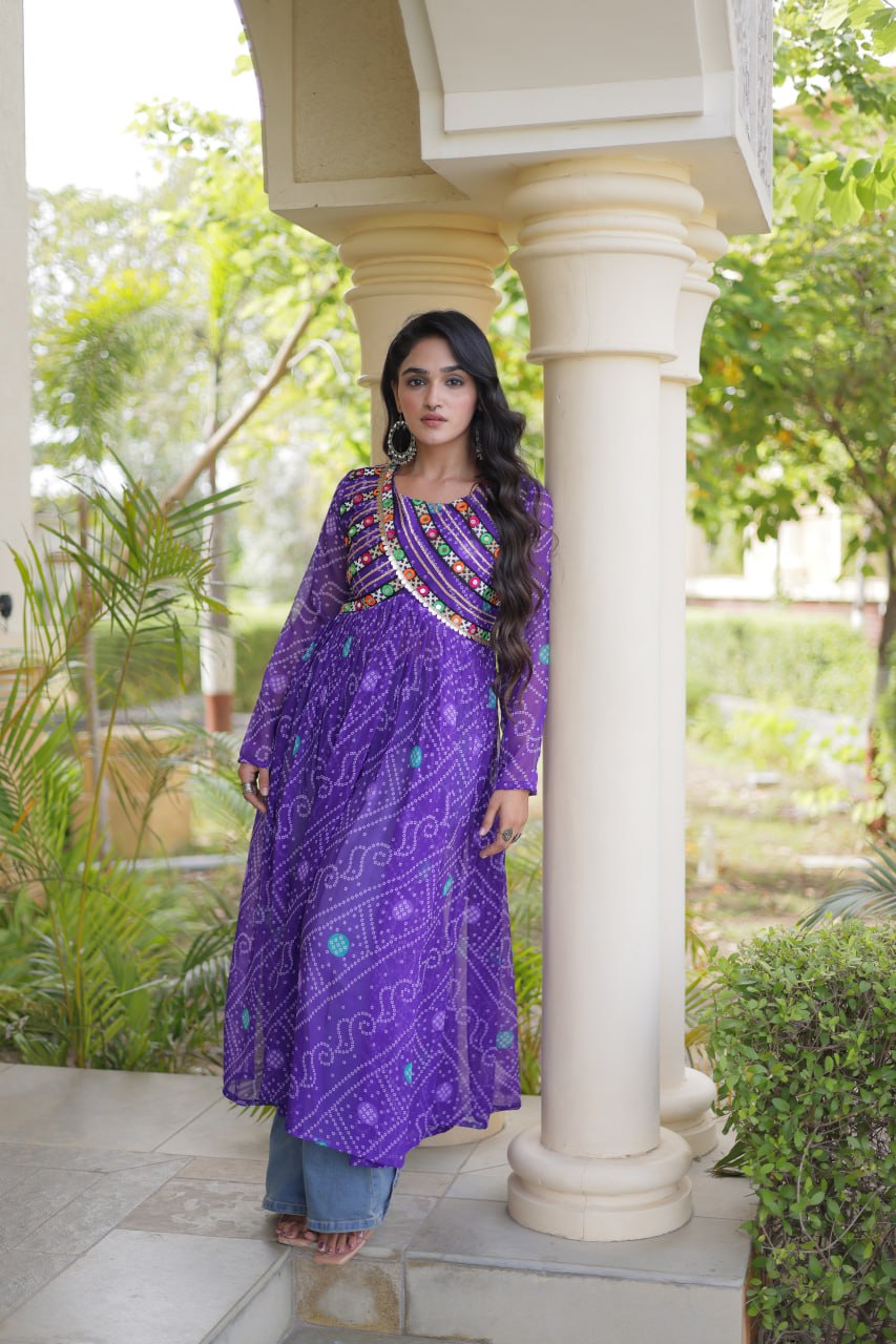 Royal Purple Bandhani Printed Anarkali Kurta with Intricate Multicolour Mirror Work Yoke & Graceful Flared Silhouette