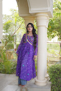 Royal Purple Bandhani Printed Anarkali Kurta with Intricate Multicolour Mirror Work Yoke & Graceful Flared Silhouette