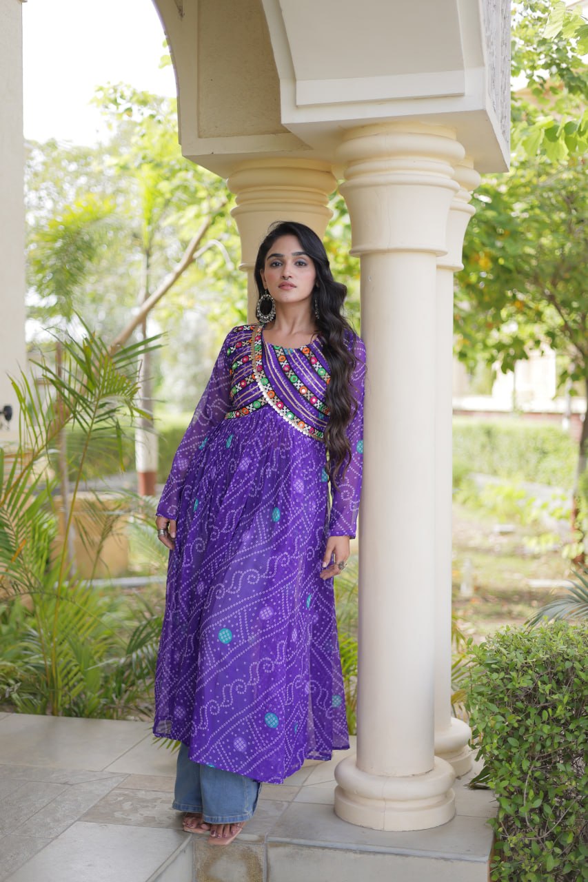 Royal Purple Bandhani Printed Anarkali Kurta with Intricate Multicolour Mirror Work Yoke & Graceful Flared Silhouette