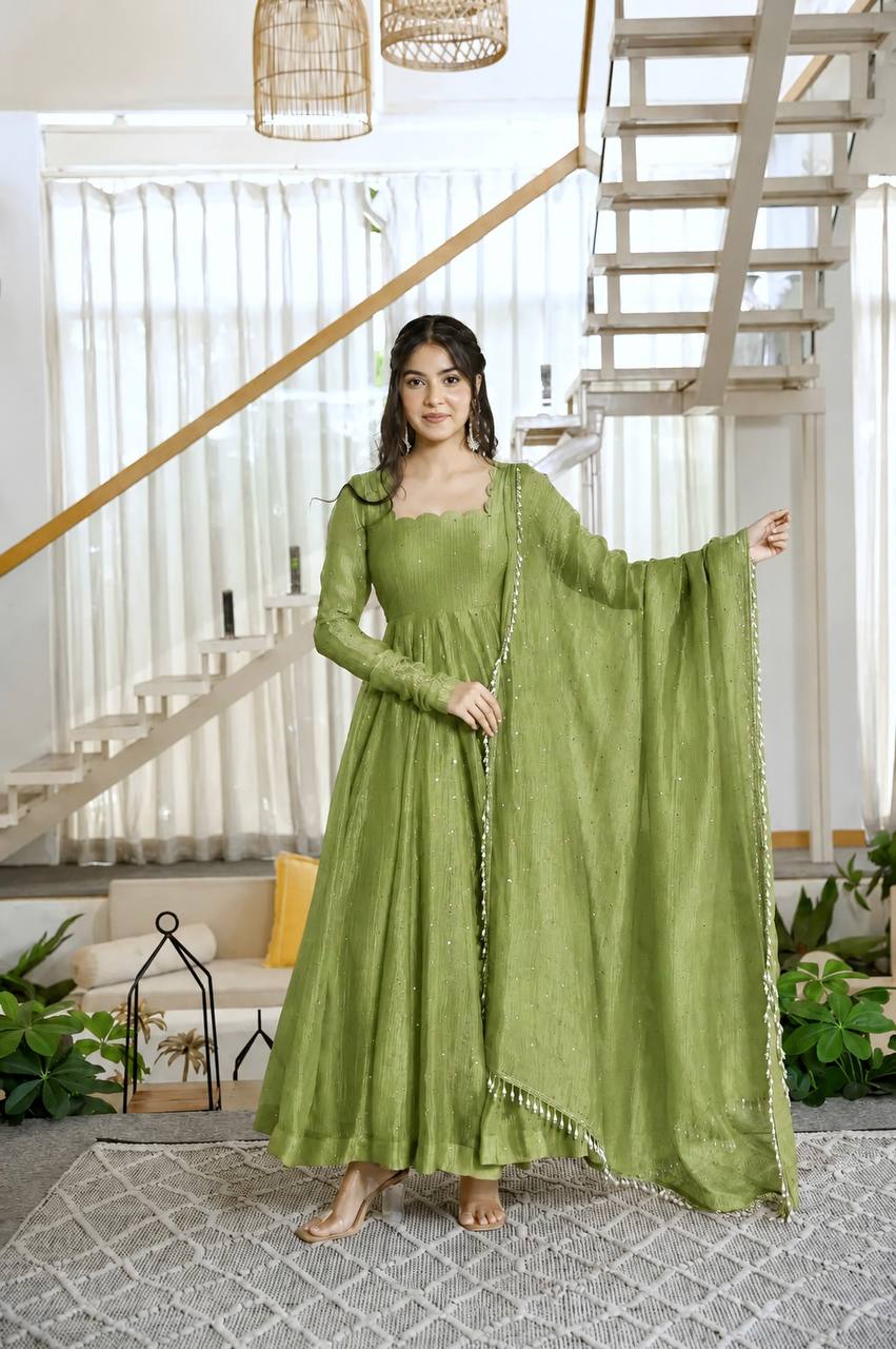 Olive Green Flared Anarkali Gown with Delicate Sequin Embellishments, Elegant Full Sleeves & Pearl-Trimmed Dupatta