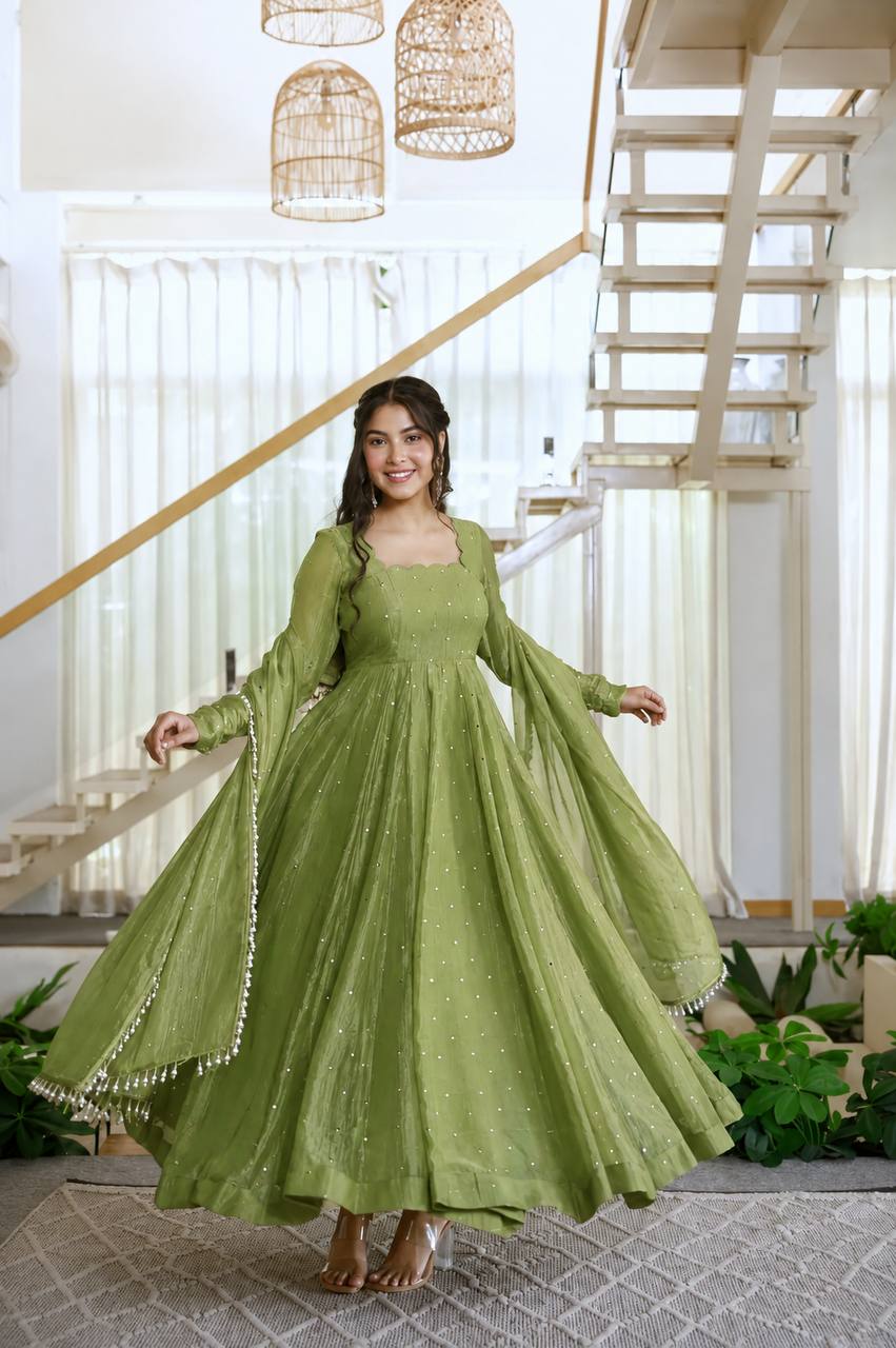 Olive Green Flared Anarkali Gown with Delicate Sequin Embellishments, Elegant Full Sleeves & Pearl-Trimmed Dupatta