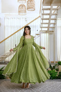 Olive Green Flared Anarkali Gown with Delicate Sequin Embellishments, Elegant Full Sleeves & Pearl-Trimmed Dupatta