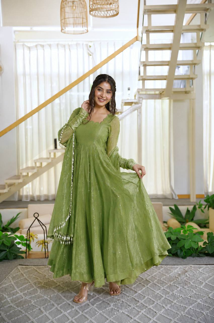 Olive Green Flared Anarkali Gown with Delicate Sequin Embellishments, Elegant Full Sleeves & Pearl-Trimmed Dupatta