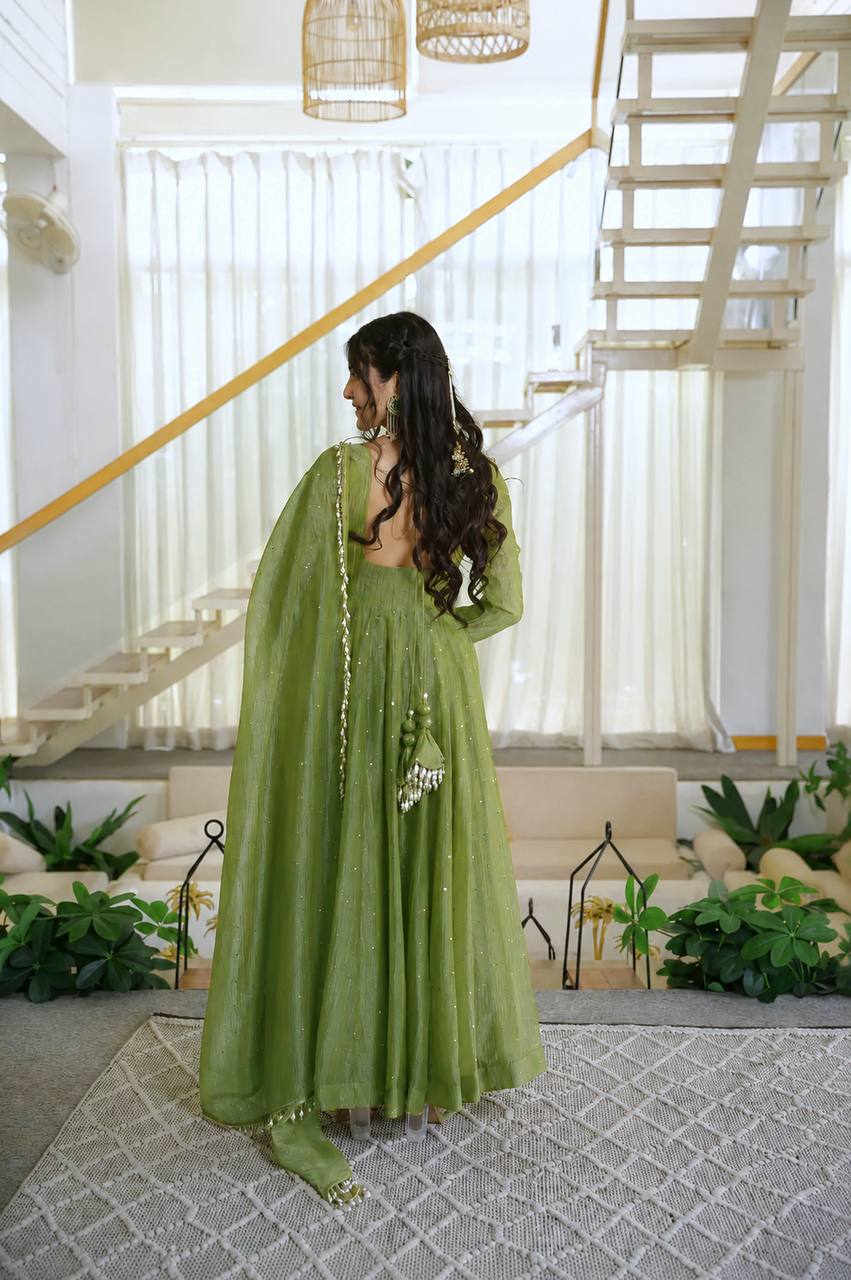 Olive Green Flared Anarkali Gown with Delicate Sequin Embellishments, Elegant Full Sleeves & Pearl-Trimmed Dupatta