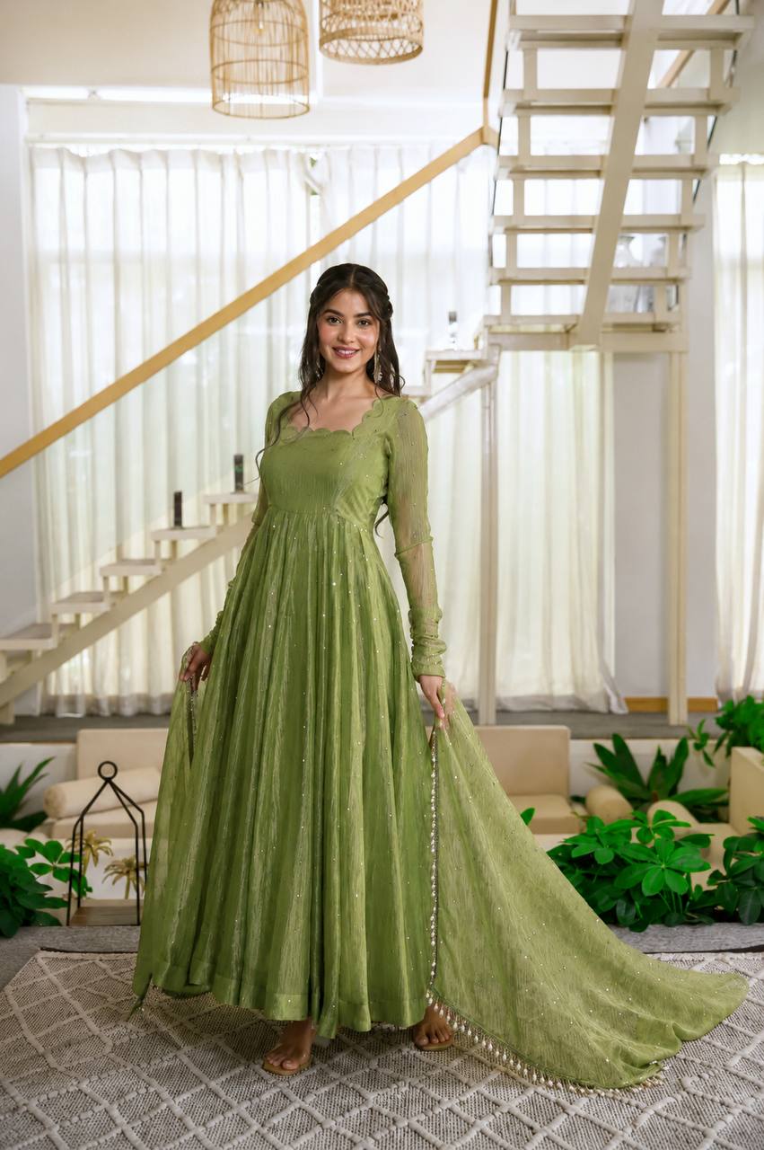 Olive Green Flared Anarkali Gown with Delicate Sequin Embellishments, Elegant Full Sleeves & Pearl-Trimmed Dupatta