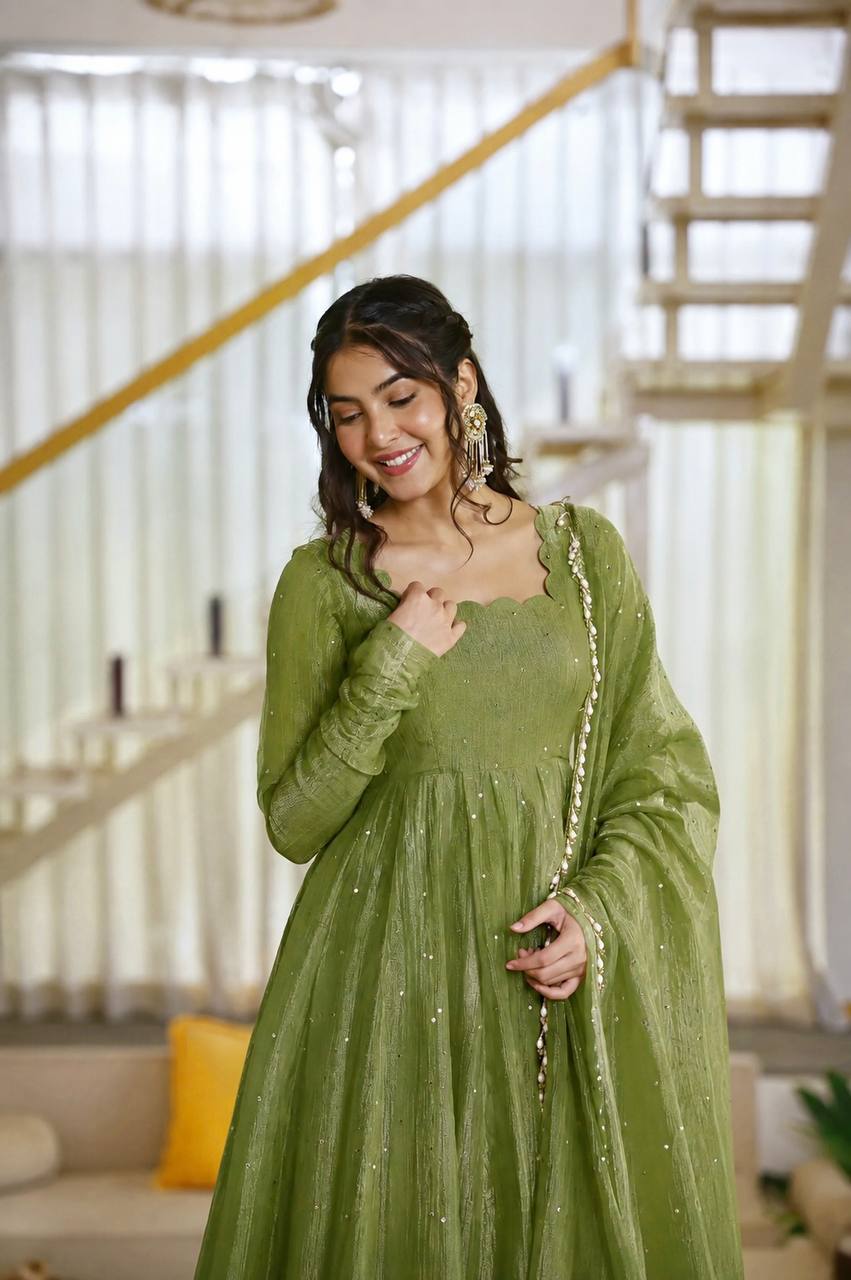 Olive Green Flared Anarkali Gown with Delicate Sequin Embellishments, Elegant Full Sleeves & Pearl-Trimmed Dupatta