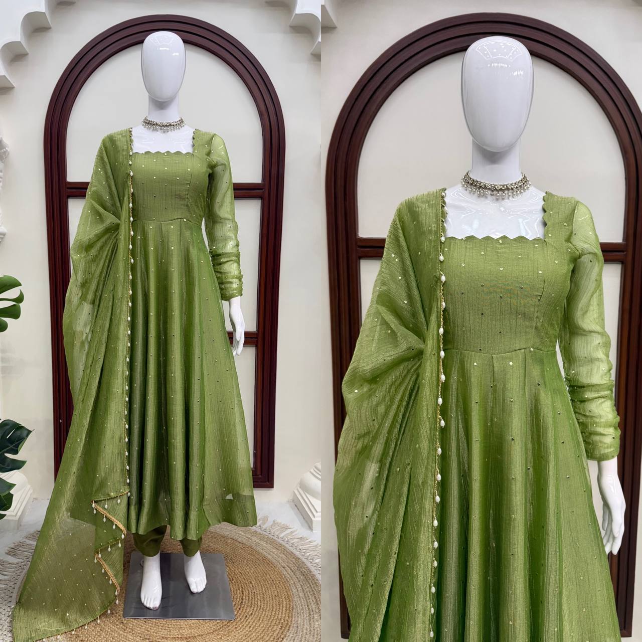Olive Green Flared Anarkali Gown with Delicate Sequin Embellishments, Elegant Full Sleeves & Pearl-Trimmed Dupatta