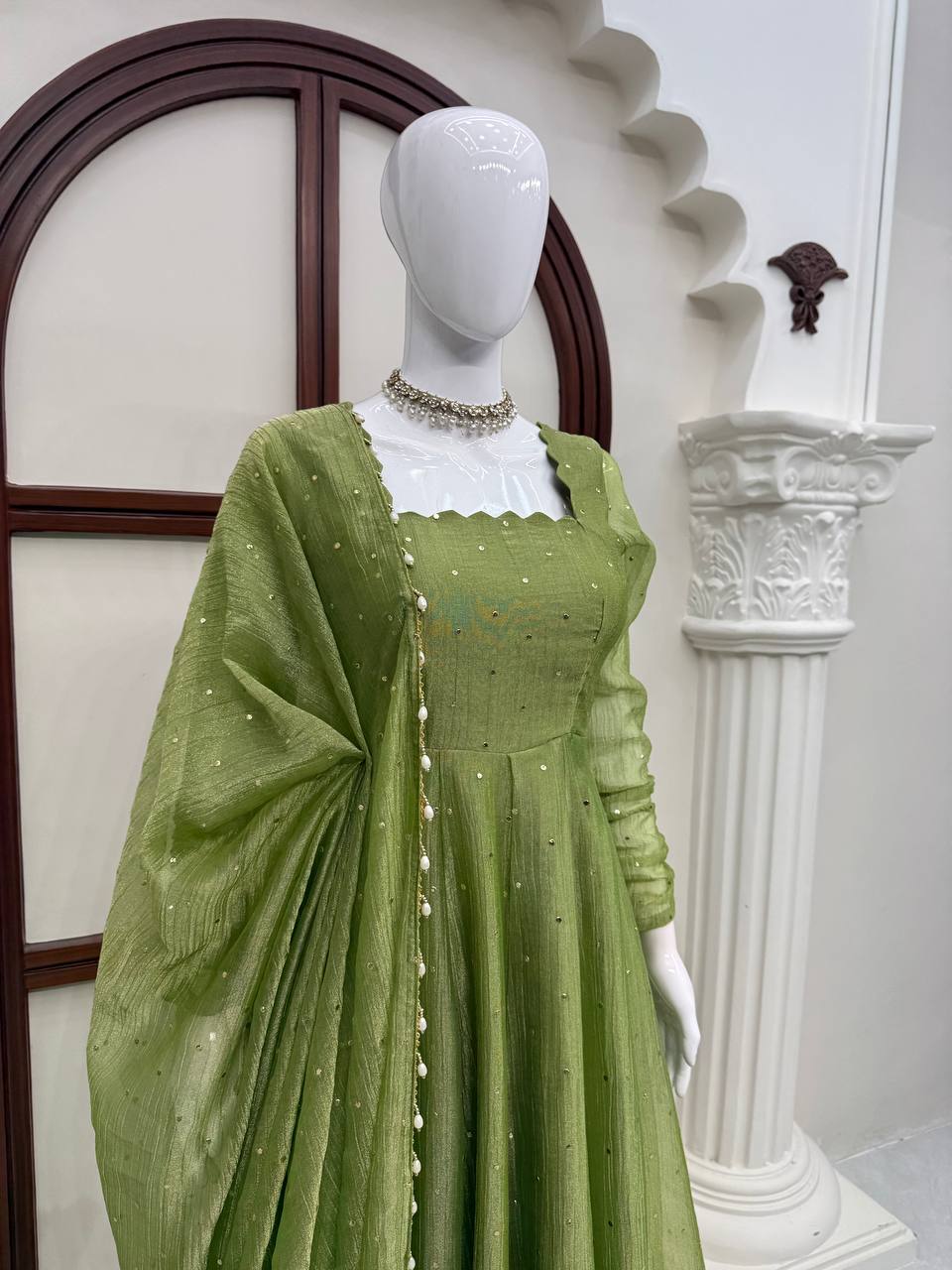 Olive Green Flared Anarkali Gown with Delicate Sequin Embellishments, Elegant Full Sleeves & Pearl-Trimmed Dupatta