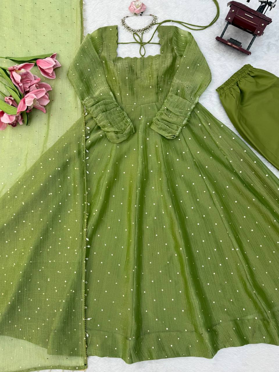 Olive Green Flared Anarkali Gown with Delicate Sequin Embellishments, Elegant Full Sleeves & Pearl-Trimmed Dupatta