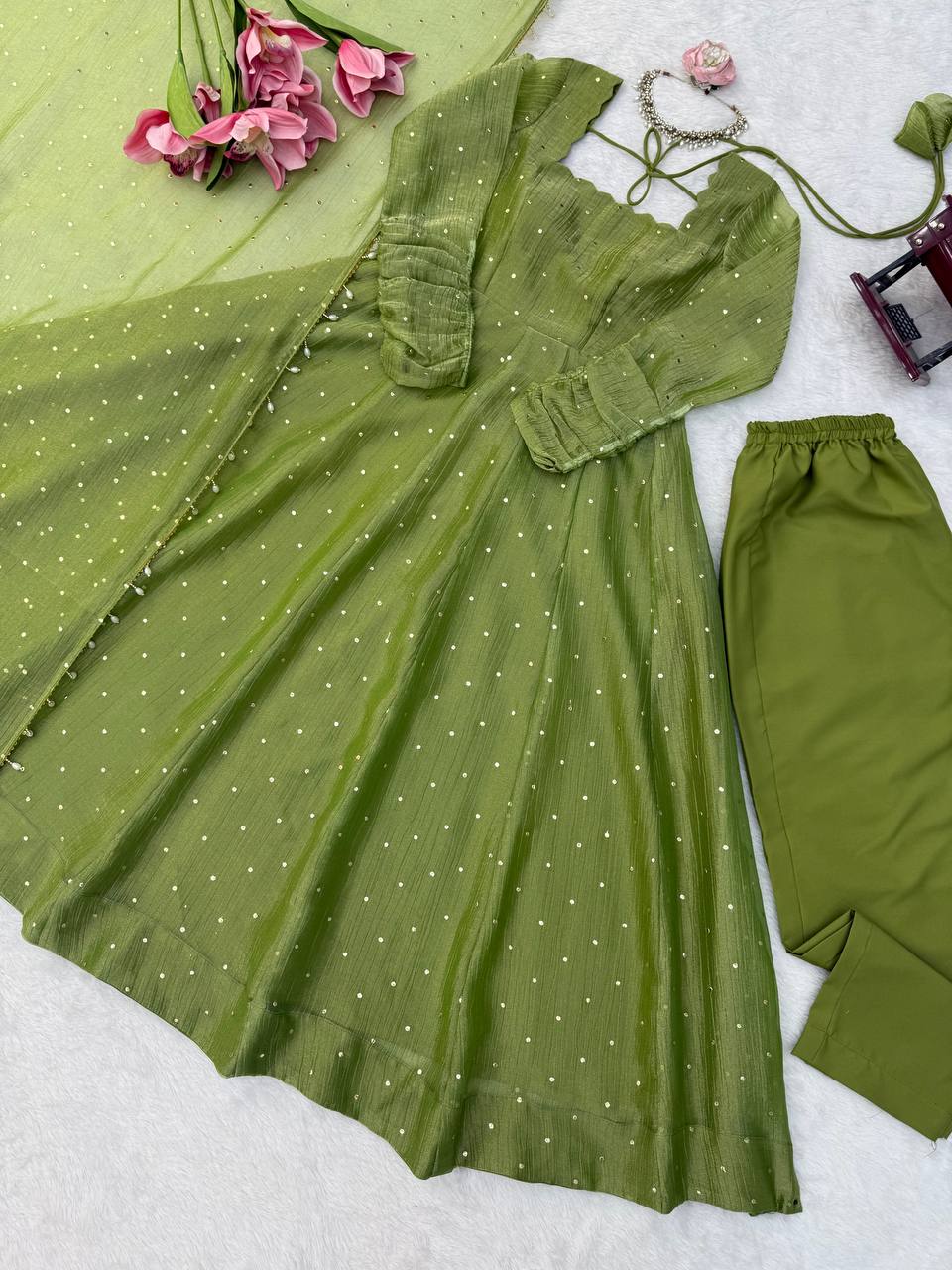Olive Green Flared Anarkali Gown with Delicate Sequin Embellishments, Elegant Full Sleeves & Pearl-Trimmed Dupatta