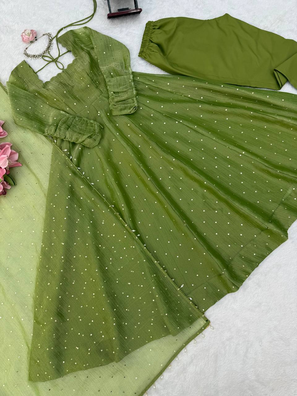 Olive Green Flared Anarkali Gown with Delicate Sequin Embellishments, Elegant Full Sleeves & Pearl-Trimmed Dupatta