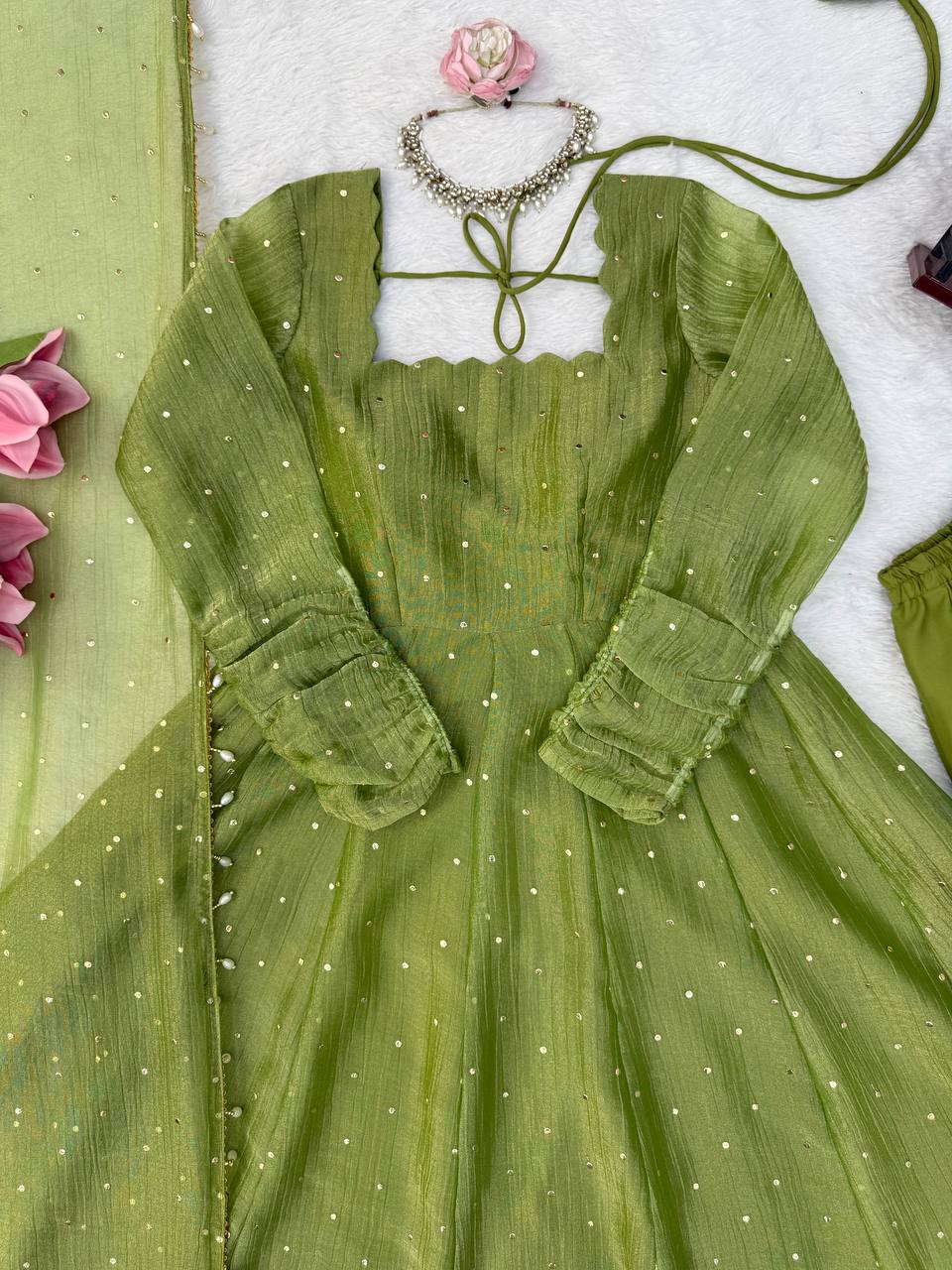 Olive Green Flared Anarkali Gown with Delicate Sequin Embellishments, Elegant Full Sleeves & Pearl-Trimmed Dupatta