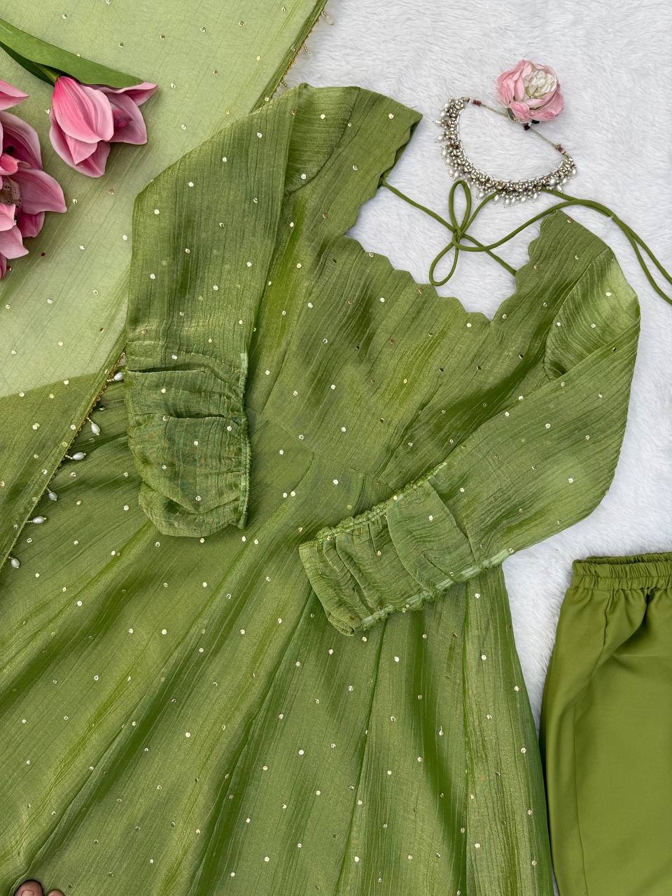 Olive Green Flared Anarkali Gown with Delicate Sequin Embellishments, Elegant Full Sleeves & Pearl-Trimmed Dupatta